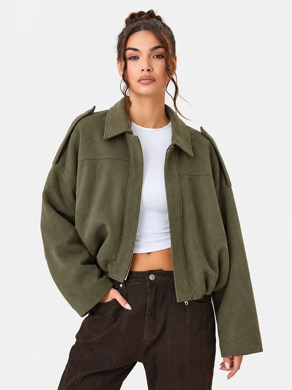 Women's Vintage Collared Zip Up Jacket Oversized Casual Outerwear
