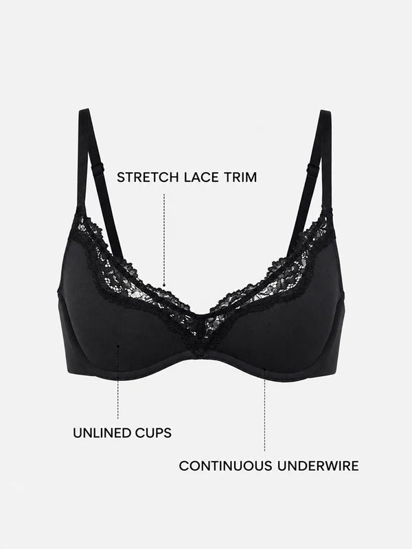 Women's Unlined Lace Plunge Bra – Deep V Balconette Underwire Demi Bra